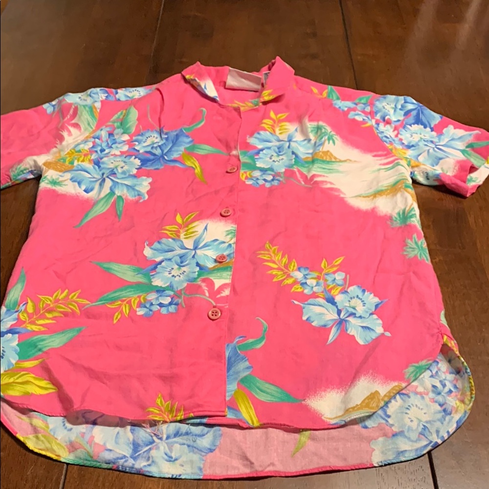Pink and Blue Button Down Blouse with Mandarin Collar